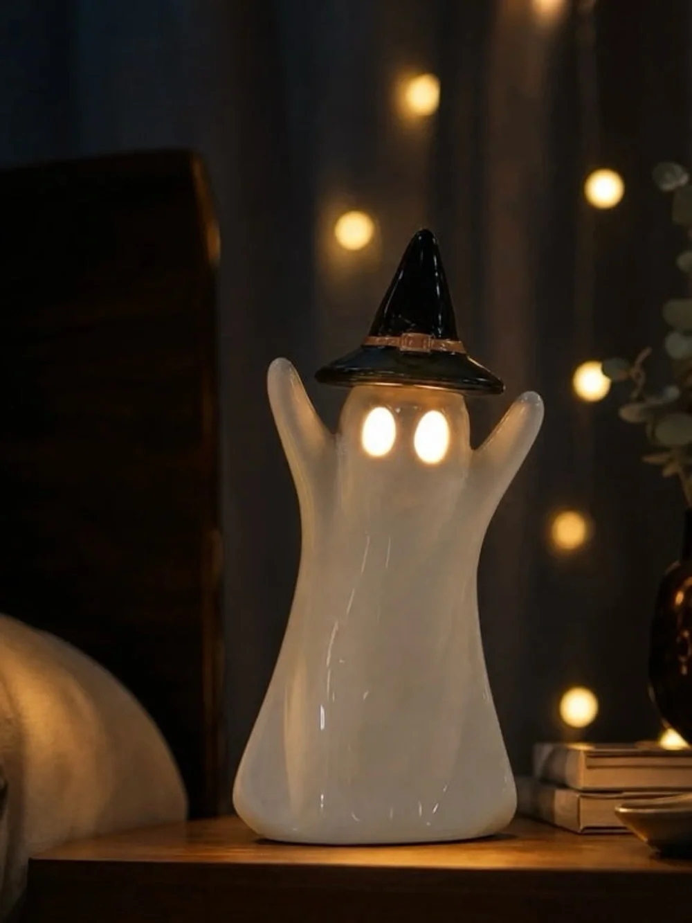 Ceramic White LED Ghost Night Light/Home Accent With Black Witch Hat
